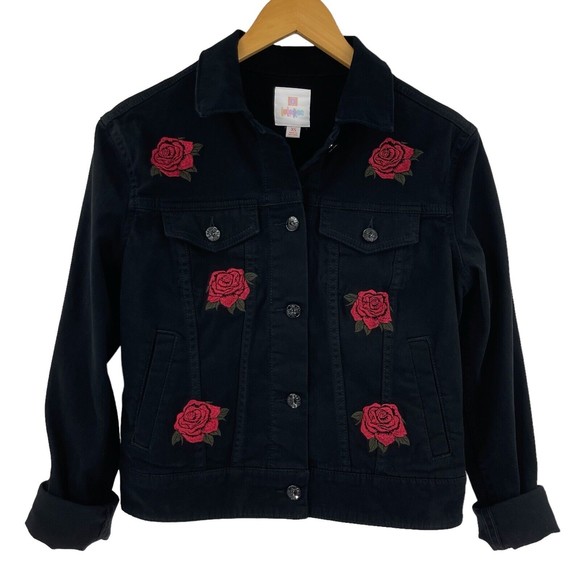 LuLaRoe Harvey Womens XS Black Stretch Jean Jacket Embroidered Red Roses Flowers - Picture 1 of 5